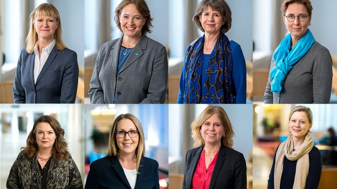 Folksam är branschledande på jämställdhet. Bilden visar (från övre vänsterkant) AnnKristine Wuopio Mogestedt, chef Skador och Pensionsservice. Ylva Wessen, chef vd-staben och vice vd. Harriet Pontán, chef Människor och miljöer. Anna-Karin Laurell, chef Affärsområdeschef Liv. Carina Lundberg Markow, chefsstrateg för ansvarsfull kapitalförvaltning. Karin Stenmar, hållbarhetschef. Elisabeth Sasse, chef Affärsområdeschef Sak. Emilie Westholm, chef Ansvarsfullt ägande Folksam.
